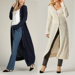 Suzanne Betro Gray Knit Maxi Duster Cardigan Sweater Womens L NWT Neutral Layer